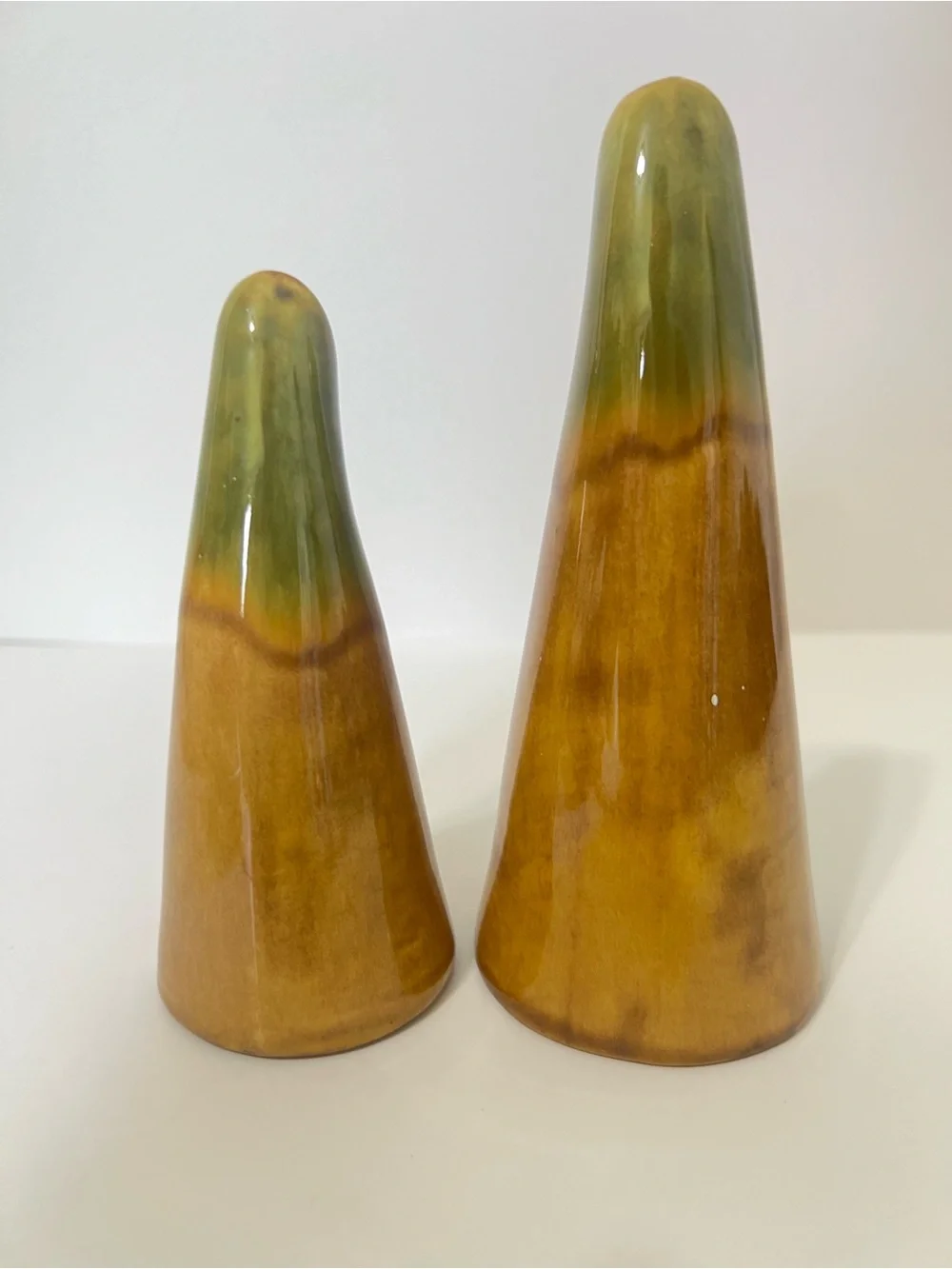 Vintage Mid Century Drip Glaze Ceramic Salt & Pepper Shakers Olive Green Mustard